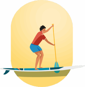 Tiens la pagaie avec une main sur le haut du manche et l'autre à mi-hauteur. Plonge bien la pagaie dans l'eau et rame en tirant vers l'arrière avec un mouvement fluide et puissant. Alterne les côtés tous les 3 à 5 coups de rame pour garder le cap.